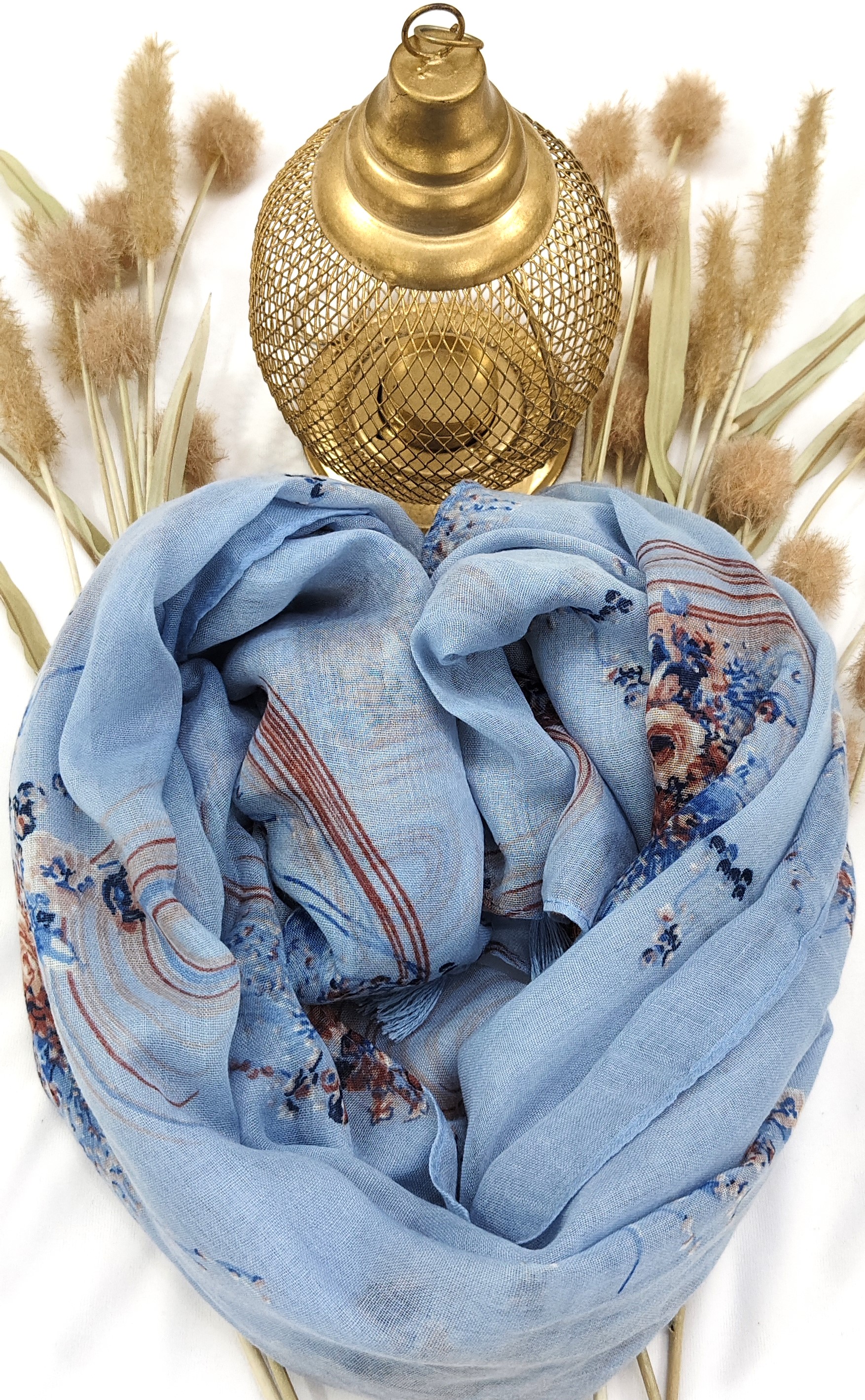 Cotton Floral Line Print Hijab With Tassels Cotton Floral Line Print Hijab With Tassels