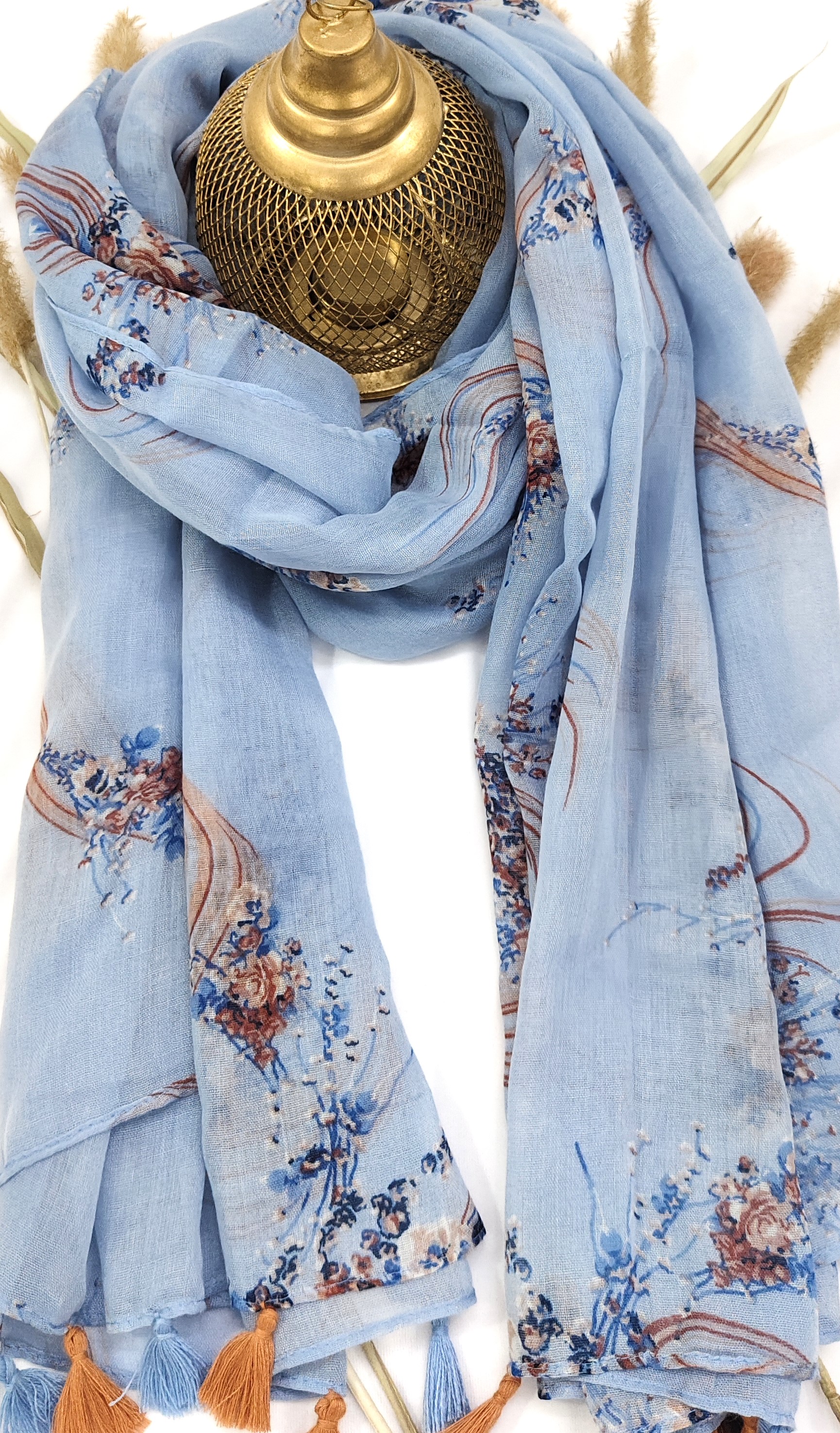 Cotton Floral Line Print Hijab With Tassels Cotton Floral Line Print Hijab With Tassels