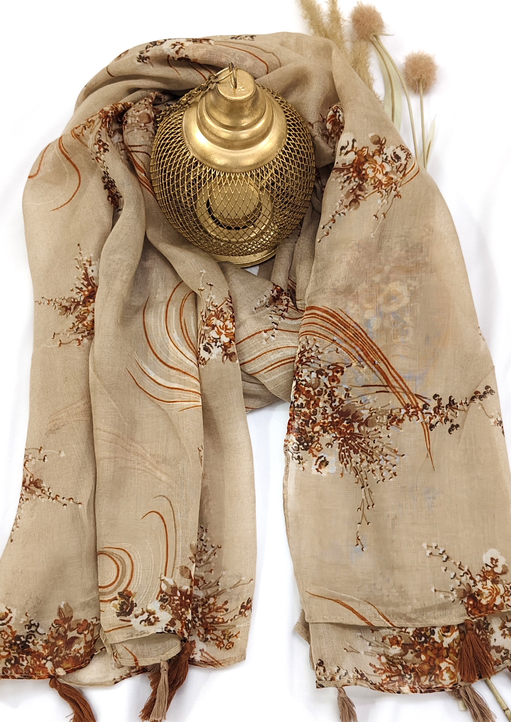 Cotton Floral Line Print Hijab With Tassels Cotton Floral Line Print Hijab With Tassels