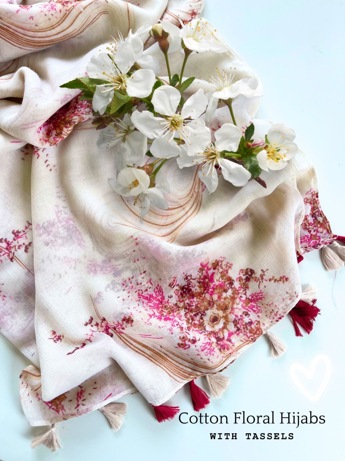 Cotton Floral Small Flower Print Hijab With Tassels - R&S Brand Cotton Floral Small Flower Print Hijab With Tassels - R&S Brand